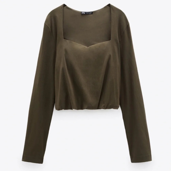 Zara Army Green Sweetheart Neckline Long Sleeve Crop Top Size Medium - Picture 12 of 12